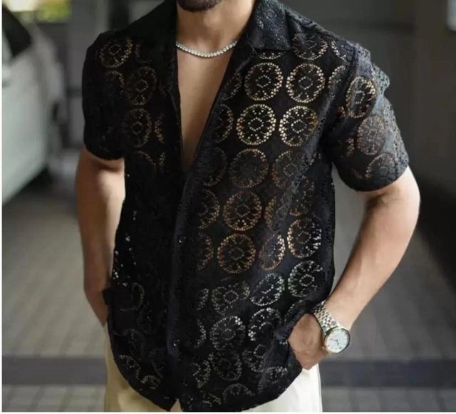 Half Sleeves Printed Shirt for Men (Black, M)