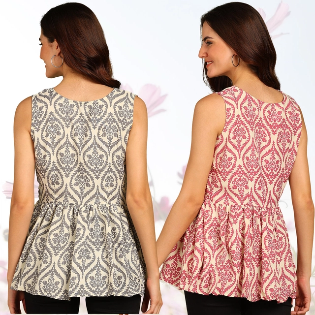 Rayon Printed Flared Top for Women (Grey & Pink, S) (Pack of 2)