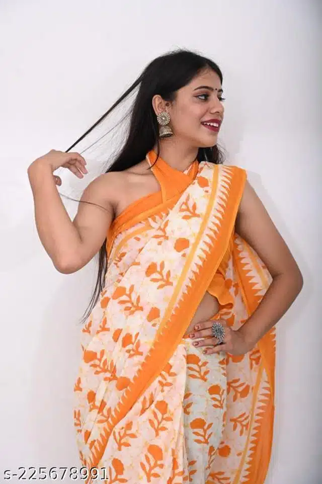 Cotton Mulmul Saree for Women (Orange, 6.3 m)