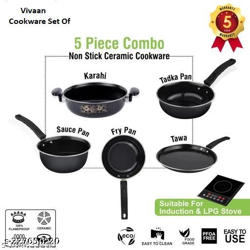 Combo of Sauce Pan, Tadka Pan, Fry Pan, Tawa & Kadai (Black, Set of 5)