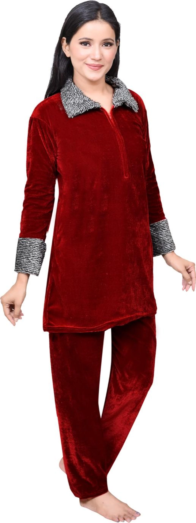 Velvet Solid Nightsuit for Women (Maroon, M)