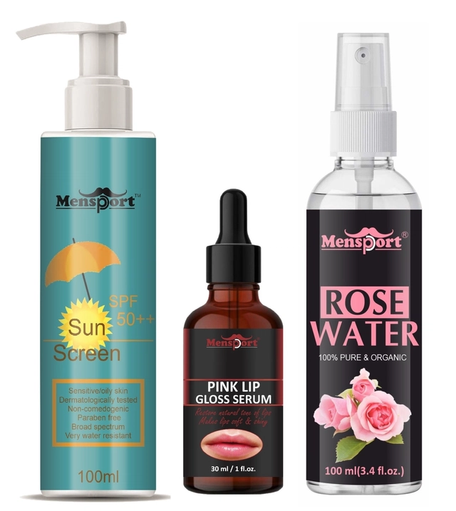 Mensport Broad Spectrum SPF Sunscreen Lotion (100 ml) with Pink Lip Gloss Serum (30 ml) & Natural Rose Water (100 ml) (Set of 3)