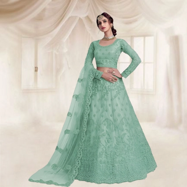 Net Embroidered Semi Stitched Lehenga for Women (Green)