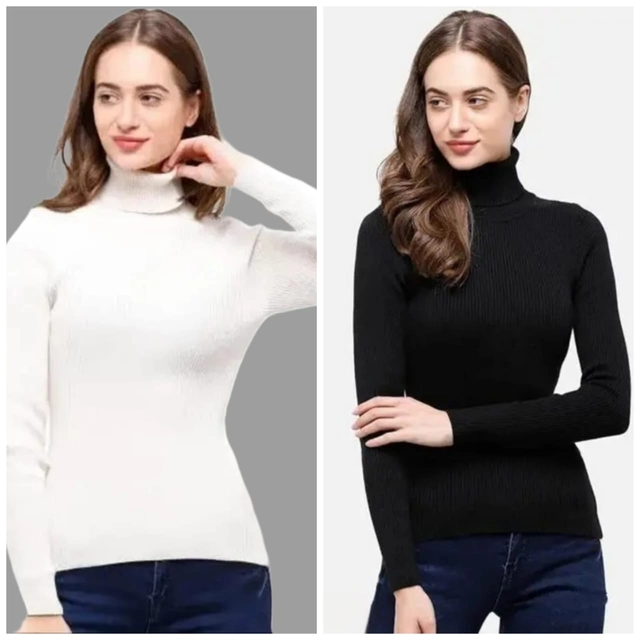 Cotton High Neck Solid Top for Women (White & Black, S) (Pack of 2)