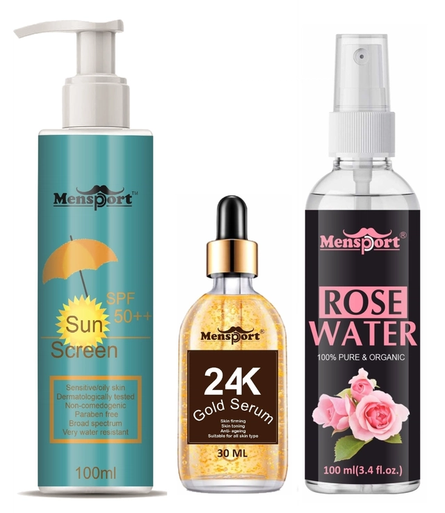 Mensport Broad Spectrum SPF Sunscreen Lotion (100 ml) with 24K Gold Face Serum (30 ml) & Natural Rose Water (100 ml) (Set of 3)