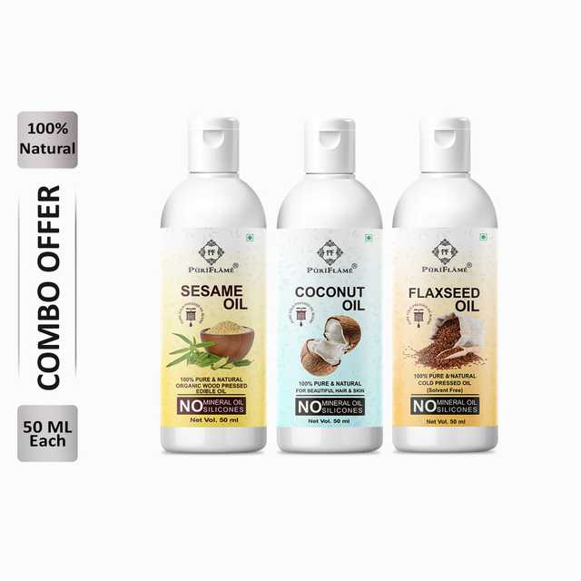 PuriFlame Pure Sesame Oil (50 ml) & Coconut Oil (50 ml) & Flaxseed Oil (50 ml) Combo For Rapid Hair Growth (Pack Of 3) (B-13598)