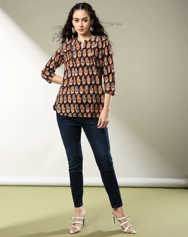 Cotton Embroidered Top for Women (Black & Brown, S)