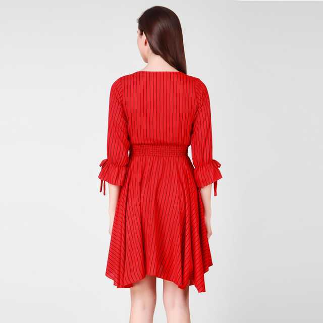 Stylish New Cotton Rayon Blend Women Striped Dress (Red, L) (ITN-108)