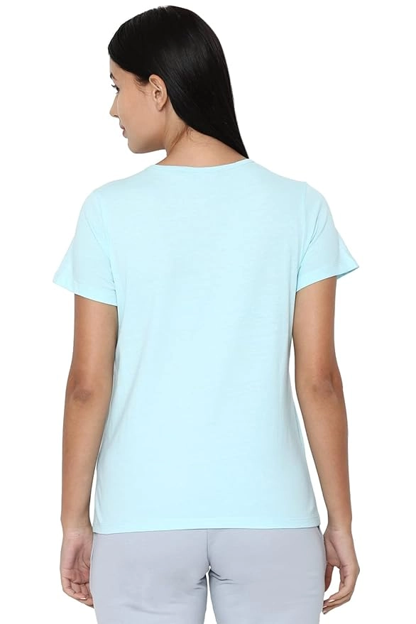 Round Neck Printed T-Shirt for Women (Aqua Blue, S)