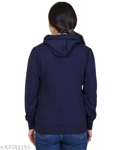 Cotton Blend Printed Hoodie for Women (Navy Blue, M)