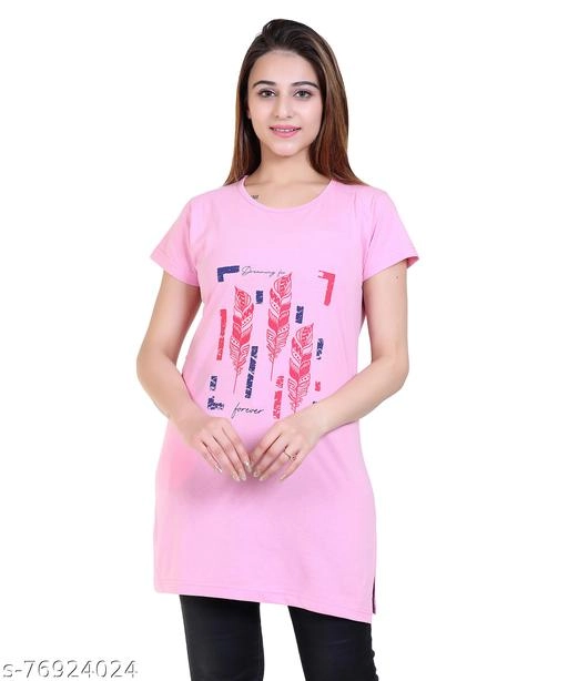 Round Neck Printed Long T-Shirt for Women (Pink, M)