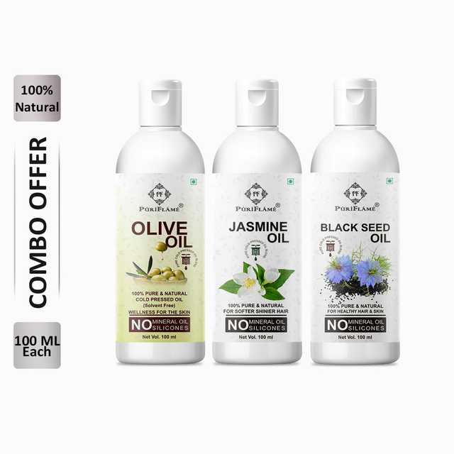 PuriFlame Pure Olive Oil (100 ml) & Jasmine Oil (100 ml) & Blackseed Oil (100 ml) Combo For Rapid Hair Growth (Pack Of 3) (B-6196)