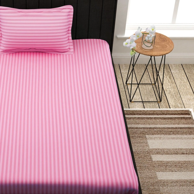 Cotton Striped Single Bedsheet with Pillow Cover (Baby Pink, 60x90 inches)