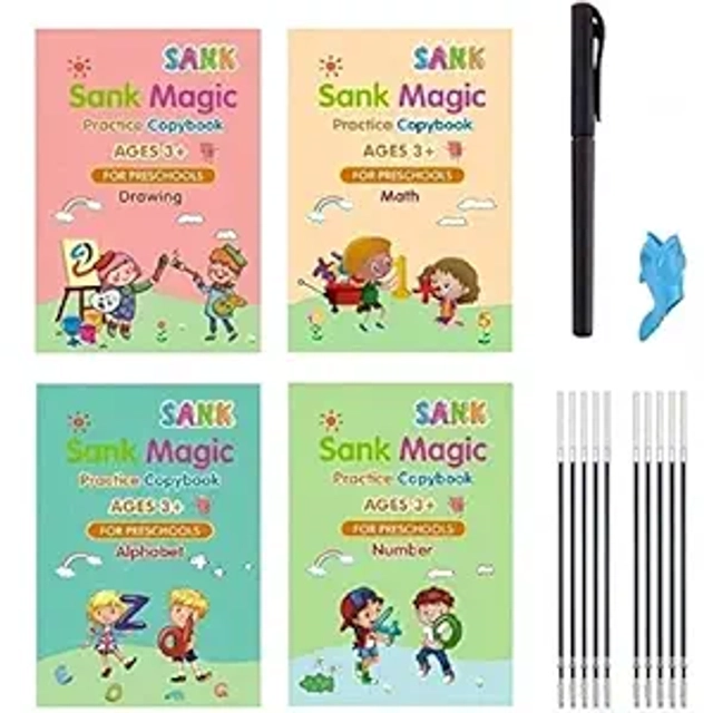 Practice 4 Pcs Copybook with 10 Pcs Refill, Pen & Grip for Kids (Multicolour, Set of 1)