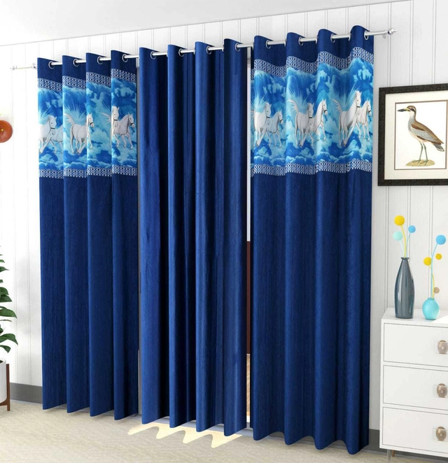 Polyester Room Darkening Printed Door Curtains (Navy Blue, 7 Feet) (Set of 3)