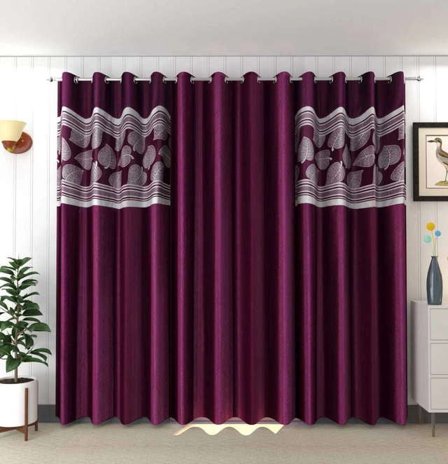 Polyester Room Darkening Printed Door Curtains (Purple, 7 Feet) (Set of 3)