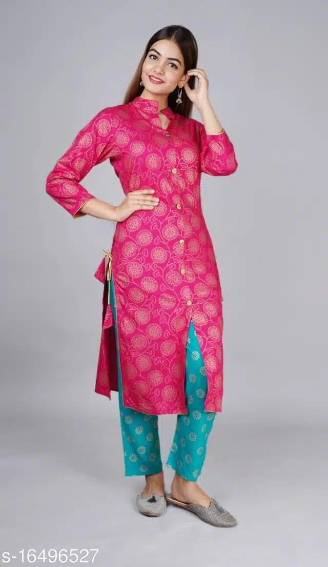 Cotton Kurti with Pant for Women (Pink, XXL)