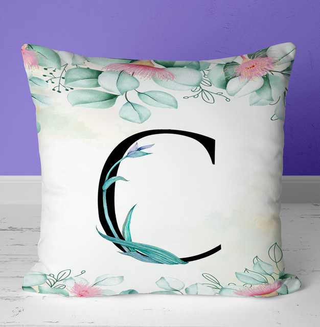 Colorful Floral Alphabet Letter C Printed Cushion Cover with Filler (Black, 12x12 Inch) (GT-1041)
