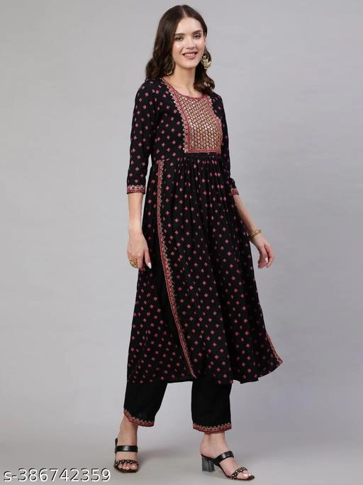 Viscose Rayon Printed Kurti with Pant for Women (Black, S)