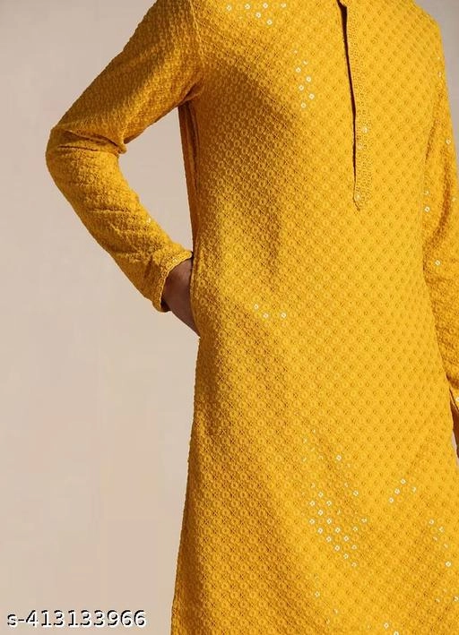 Viscose Embroidered Kurta for Men (S, Yellow)