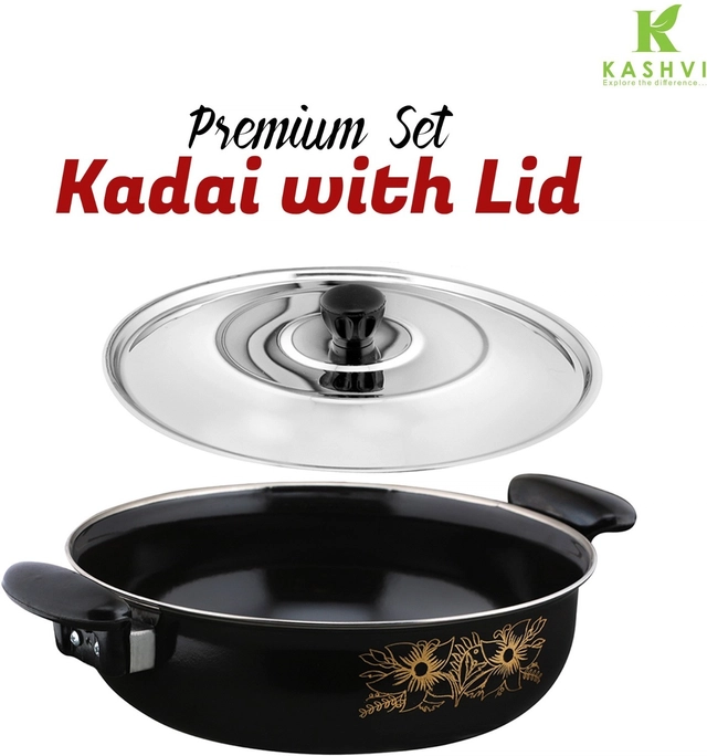 Cast Iron Kadai with Lid (Black & Silver, 28 cm)