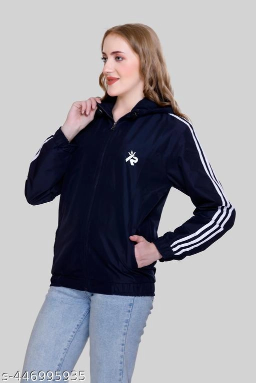 Nylon Solid Jackets for Women (Navy Blue, M)