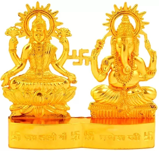 Metal Ganeshji with Maa Laxmi Idol (Gold, 9 cm)