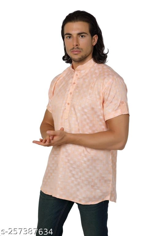 Cotton Blend Printed Short Kurta for Men (Peach, S)