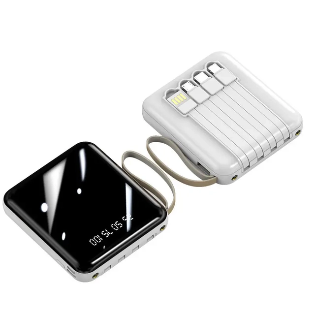 Premium Power Bank with In-built Type A, B, C & Lightening Cables (White, 10000 mAh)