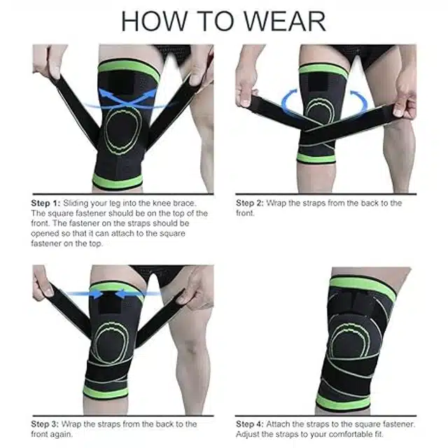 Cotton Elastic Knee Support Sleeves for Men & Women (Green & Black, Pack of 2)