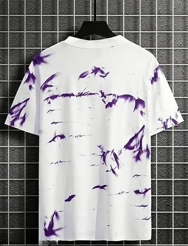 Round Neck Printed Oversized T-Shirt for Men (White & Purple, M)