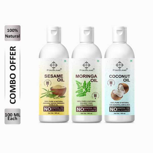 PuriFlame Pure Sesame Oil (100 ml) & Moringa Oil (100 ml) & Coconut Oil (100 ml) Combo For Rapid Hair Growth (Pack Of 3) (B-7602)