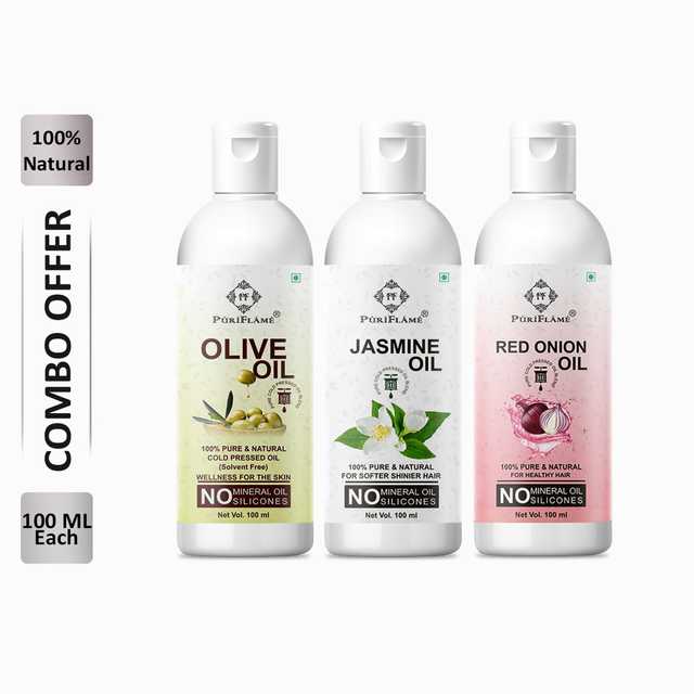 PuriFlame Pure Olive Oil (100 ml) & Jasmine Oil (100 ml) & Red Onion Oil (100 ml) Combo For Rapid Hair Growth (Pack Of 3) (B-6205)
