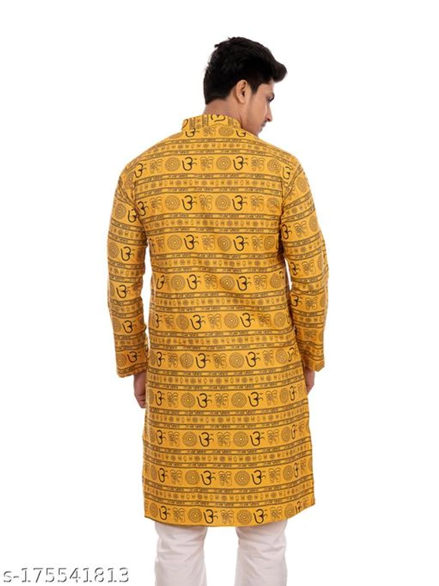 Cotton Blend Kurta for Men (Yellow, S)