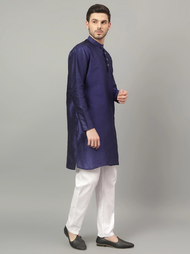 Jacquard Solid Kurta with Pant for Men (Navy Blue, S)