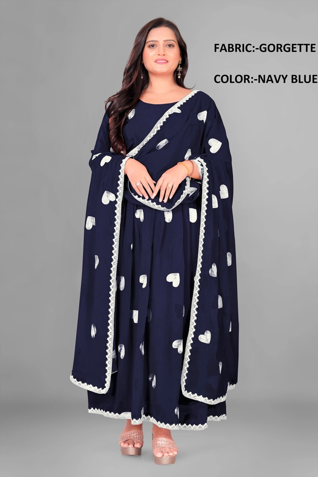 Georgette Ethnic Motif Gown with Dupatta for Women (Navy Blue & White, S)