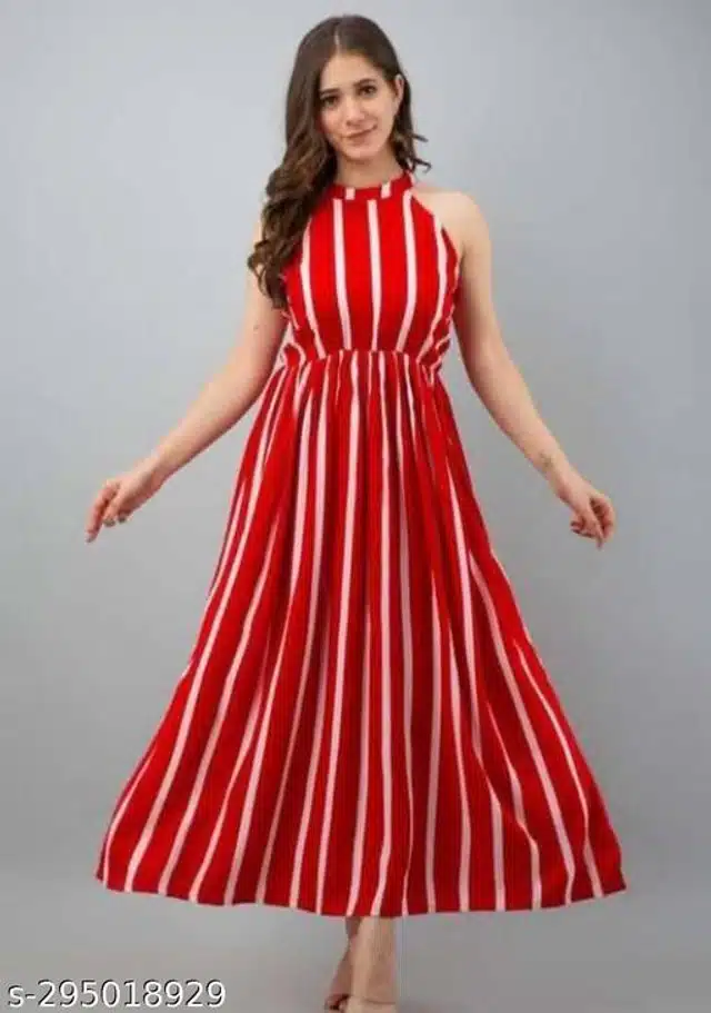 Viscose Rayon Striped Gown for Women (Red, S)