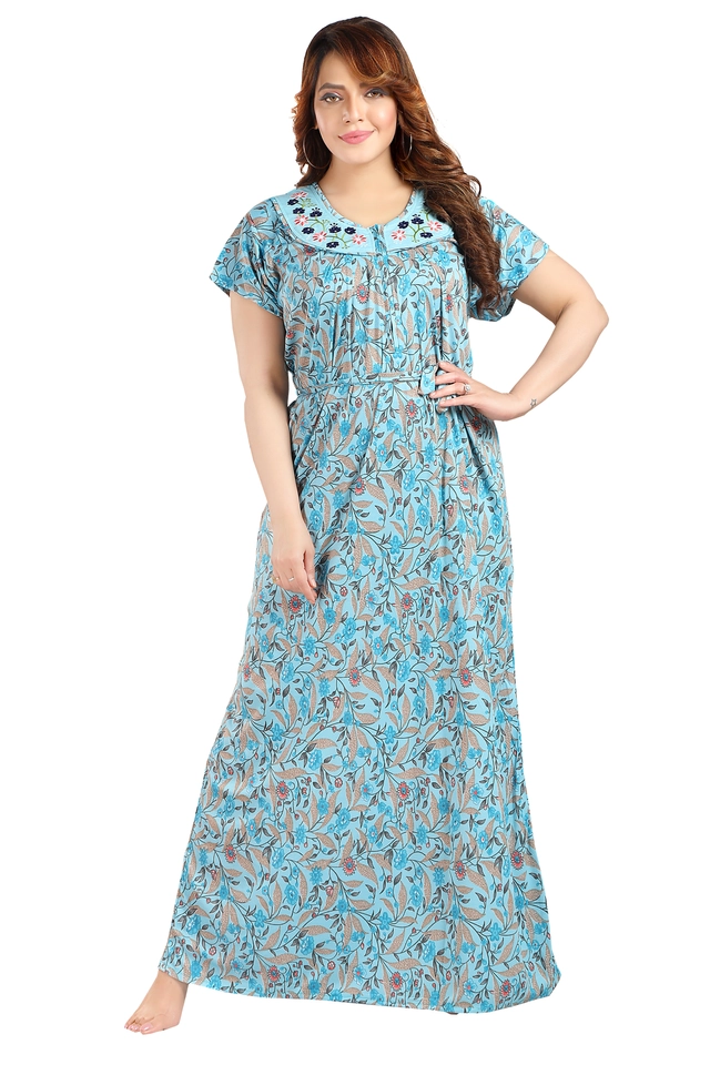 Hosiery Printed Nightdress for Women (Blue, M)