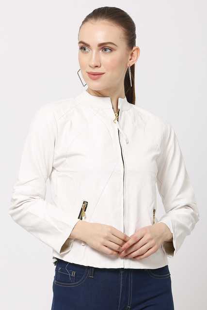 Fancy Leather Full Sleeve Jacket For Women (White, XL) (I4)