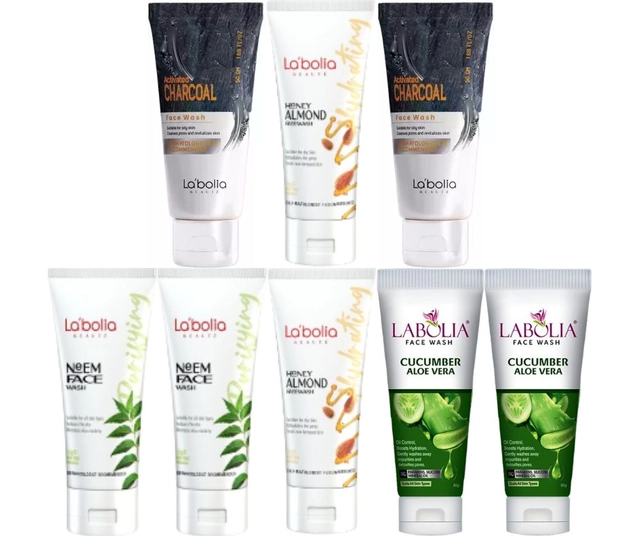 Combo of Labolia Beaute 2 Pcs Honey Almond, 2 Pcs Neem, 2 Activated Charcoal & 2 Pcs Cucumber Aloe Vera Face Washes (50 g, Set of 8)