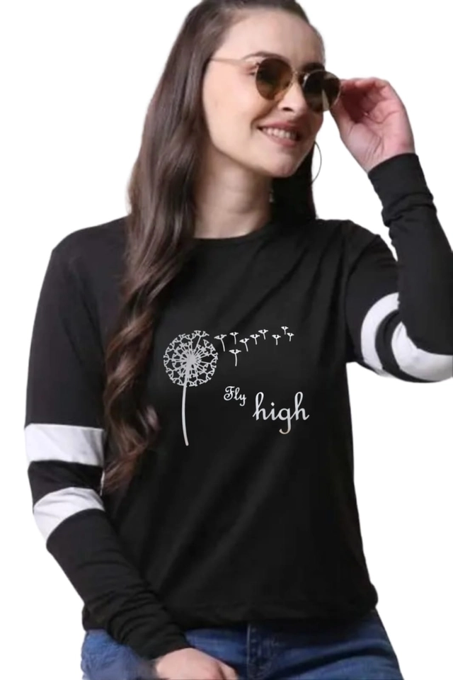 Round Neck Full Sleeves Printed T-Shirt for Women (Black, S)