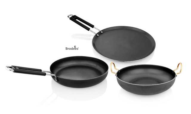 BRODEES Iron Cookware Kadahi 24 Cm Frypan 25 Cm Dosa Tawa 25.50 Cm Induction Bottom Cookware Set (Iron, 3 Piece) (Set of 3 Pcs) (A-3)