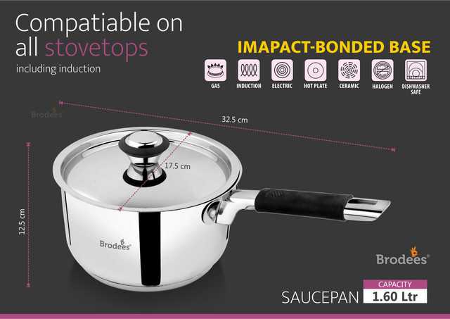 BRODEES Stainless Steel Sauce Pan 17.5 cm diameter with Lid (1.6 L capacity) (A-26)