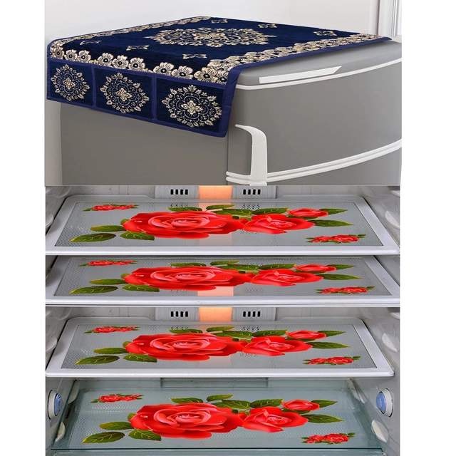 PVC Waterproof Fridge Top Cover with 4 Pcs Shelf Mats (Multicolor, Set of 1)