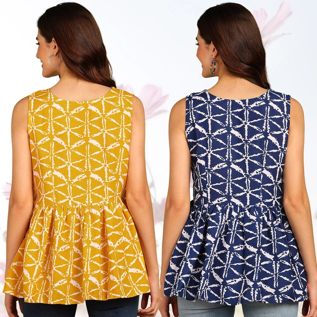 Rayon Printed Flared Top for Women (Yellow & Blue, S) (Pack of 2)