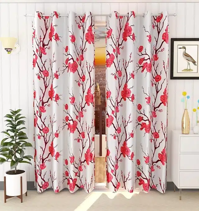 Polyester Printed Window & Door Curtains (Pack of 2) (Red, 5 feet)