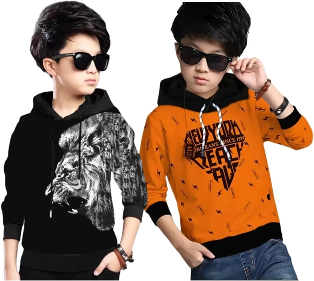 Cotton Blend Printed Hoodies for Boys (Black & Orange, 2-3 Years) (Pack of 2)