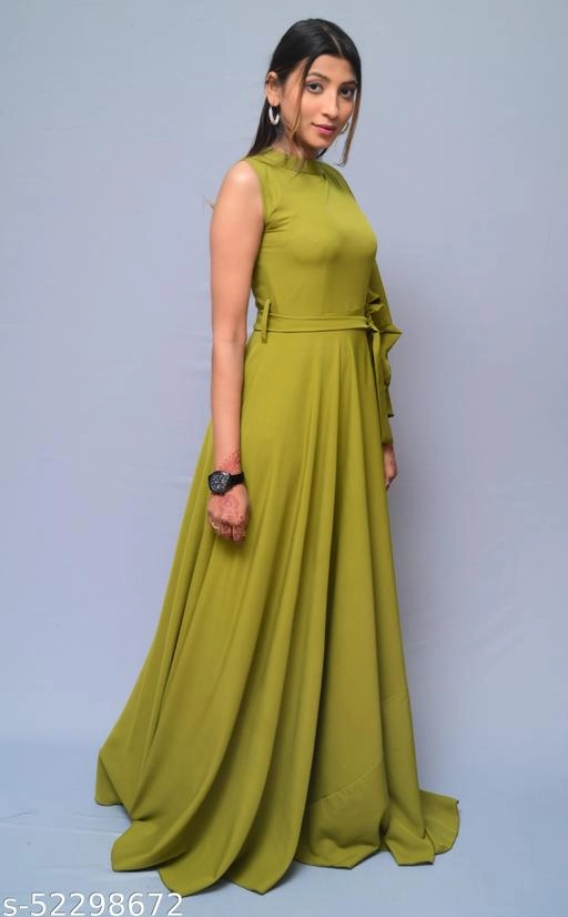 Crepe Solid Gown for Women (Olive, XS)