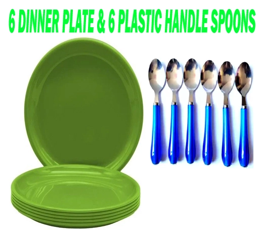 Plastic Dinner Plate with Spoons (Multicolor, Set of 6)