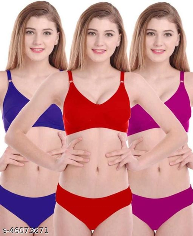 Cotton Blend Solid Lingerie Set for Women (Multicolor, 32A) (Pack of 3)